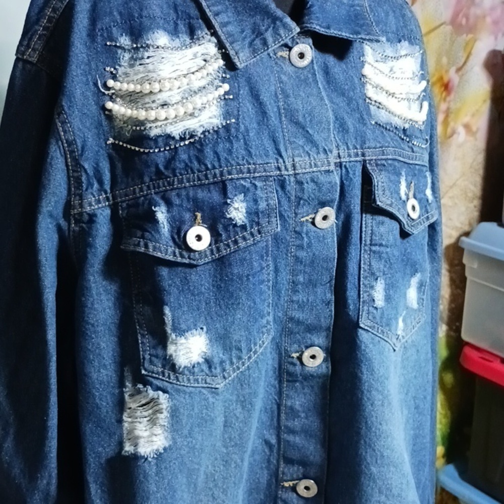 Cato distressed blue Jean jacket with diamonds/ pearls size 26-28 - Picture 3 of 9